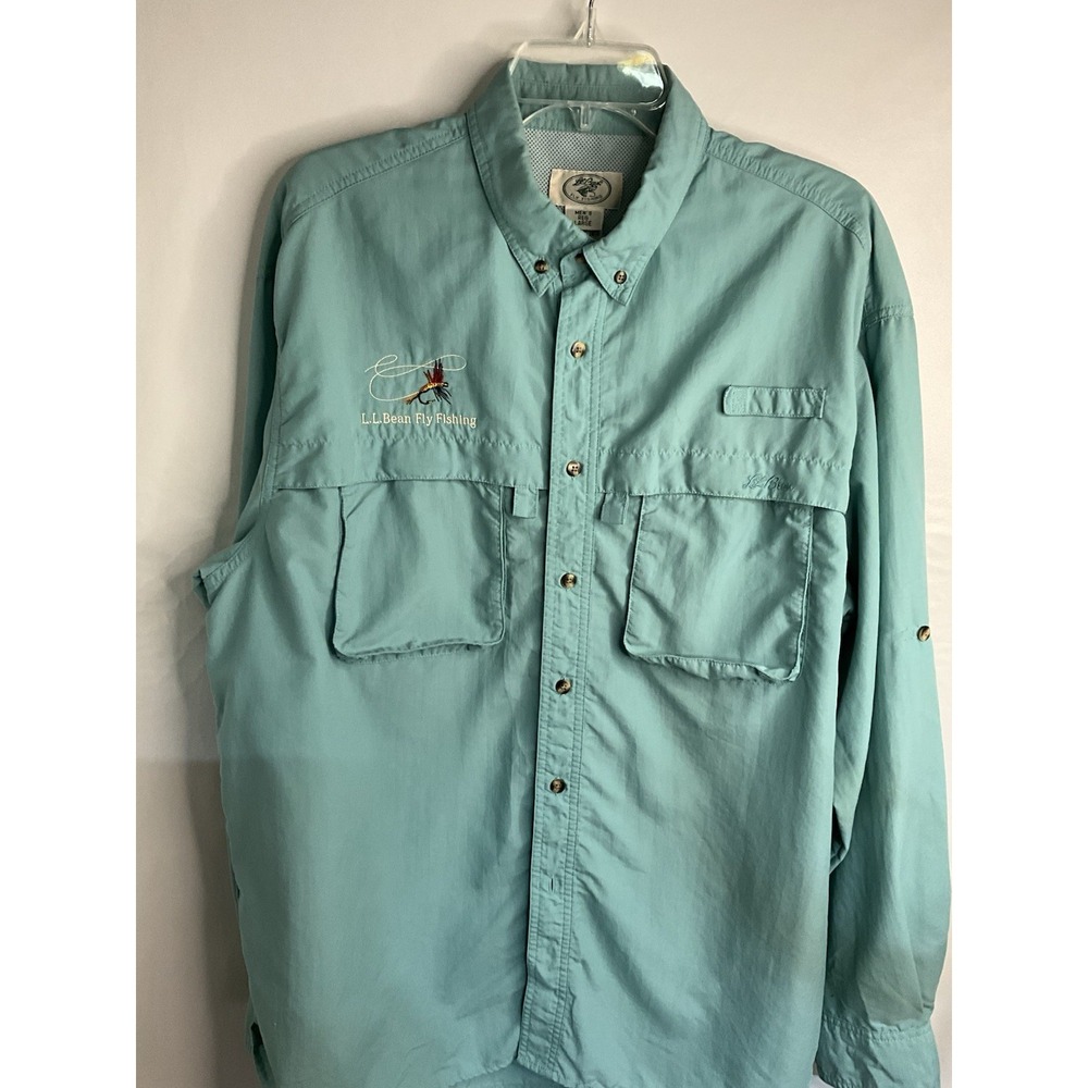 LL Bean Pocket Button Down Green Teal Pockets Fishing Lined‎ Shirt Men's Large